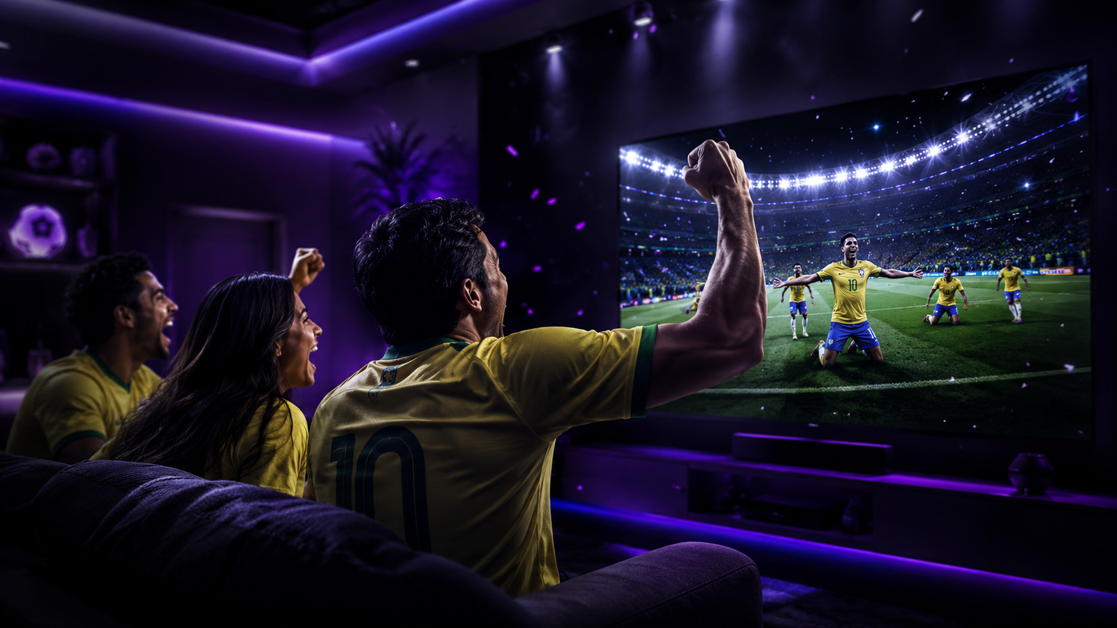Pessoas assistindo jogo de futebol do Brasil em ambiente moderno